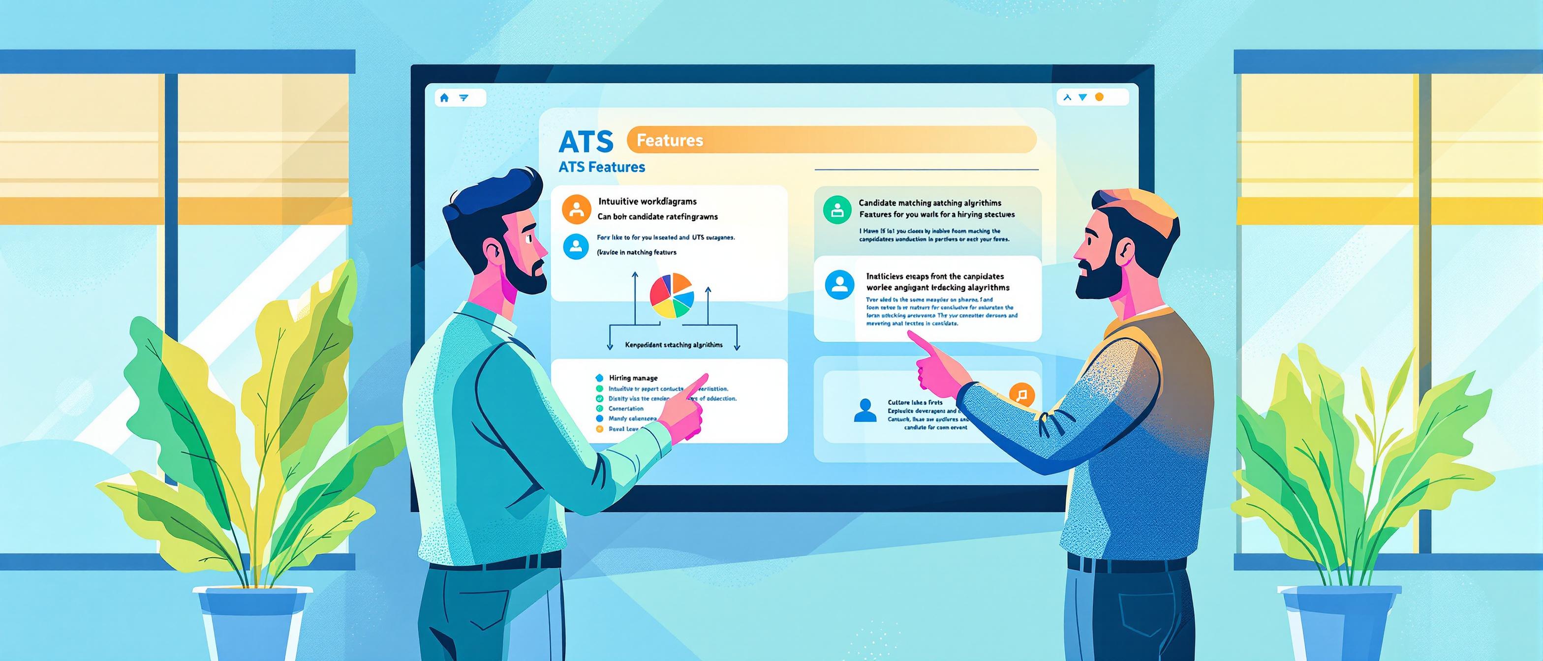 A hiring manager and IT specialist reviewing ATS features on a large touchscreen. The screen displays intuitive workflow diagrams and candidate matching algorithms. Natural light streams through nearby windows while both professionals point to key features they're discussing. Cyan colored illustration in a vibrant, high-contrast illustration style that emphasizes bold, saturated colors and gradient overlays. Everything is rendered in a modern pop-art aesthetic, with sharp lines, halftone textures, and exaggerated hues, creating a lively and energetic visual impact. The composition evokes a sense of optimism. The background is a bright blue with soft, complementing the dynamic tones, characters are shaded in tones of blue, green, and orange.