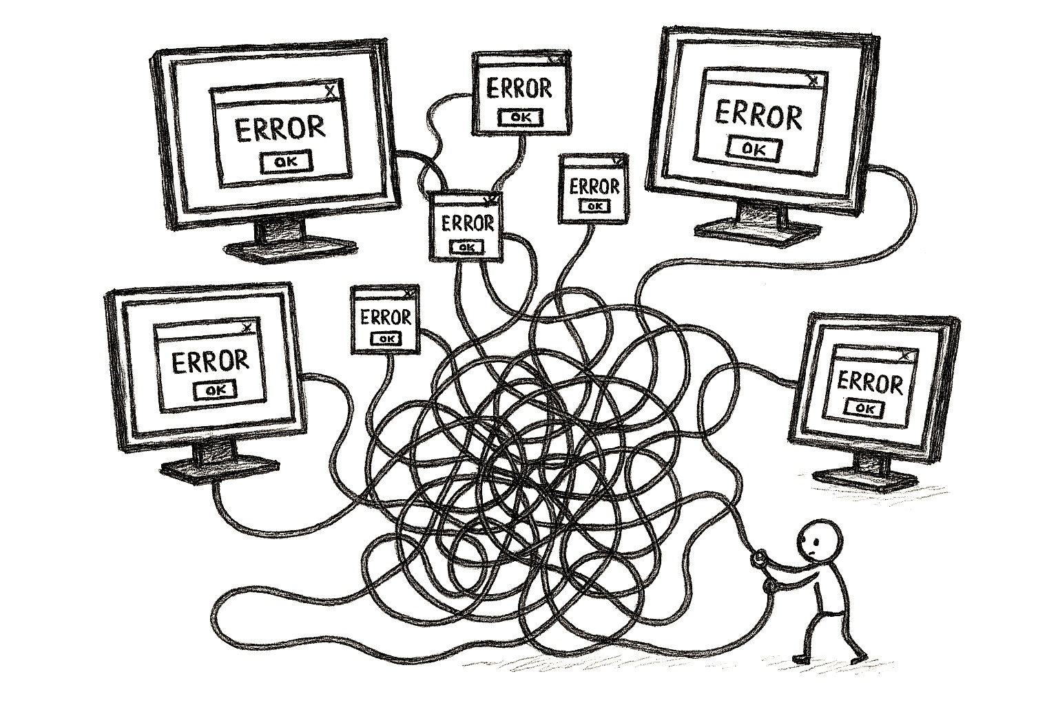 Simple black and white drawing handdrawn on white paper, isolated: Multiple computer screens connected by increasingly tangled cables, with a small figure trying to untangle the mess while error messages pop up everywhere.