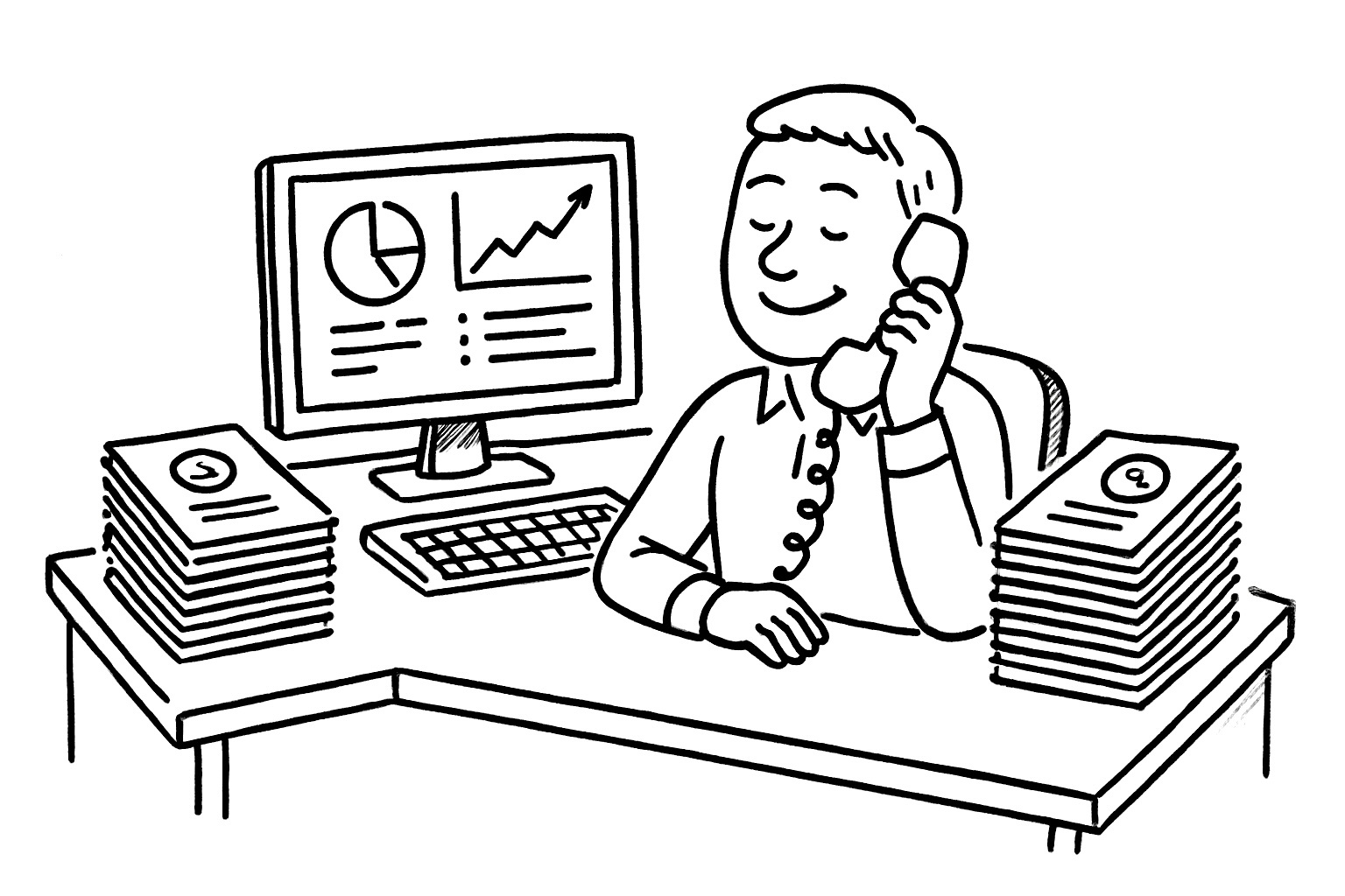 Simple black and white drawing handdrawn on white paper, isolated: A clean, organized desk with a single computer showing a unified dashboard, with a relaxed recruiter smiling while talking on the phone, surrounded by neat stacks of successfully placed candidates.