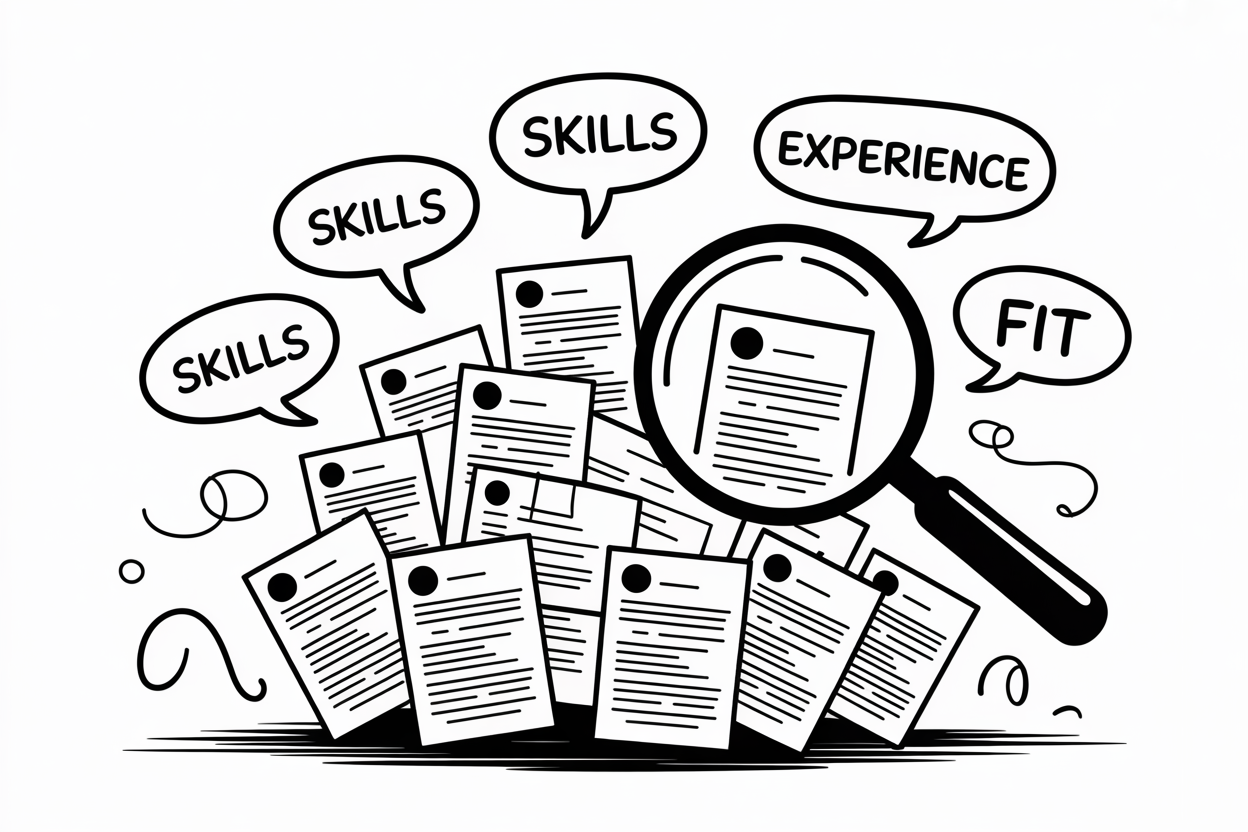 Simple black and white flat thin line-art hand-drawn scribbled squiggly illustration on white background, without gradients, isolated (any text is scribbled hand-drawn, no straight lines): A chaotic pile of resumes with speech bubbles popping out, each containing words like 'skills,' 'experience,' and 'fit,' while a magnifying glass hovers over them, revealing hidden patterns.