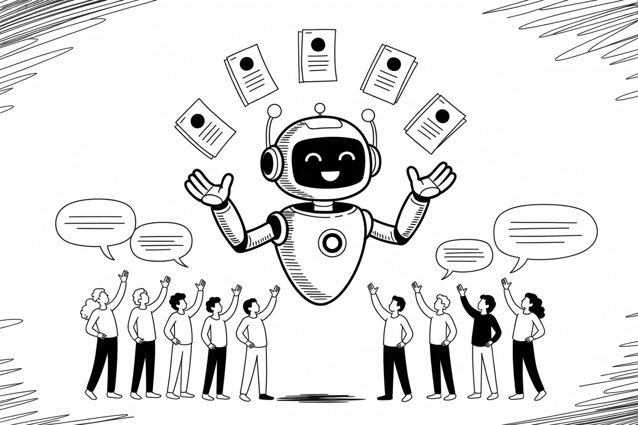 Simple black and white flat thin line-art hand-drawn scribbled squiggly illustration on white background, without gradients, isolated (any text is scribbled hand-drawn, no straight lines): A friendly robot with a headset, juggling resumes while chatting with candidates via speech bubbles, with a diverse group of tiny people cheering it on.