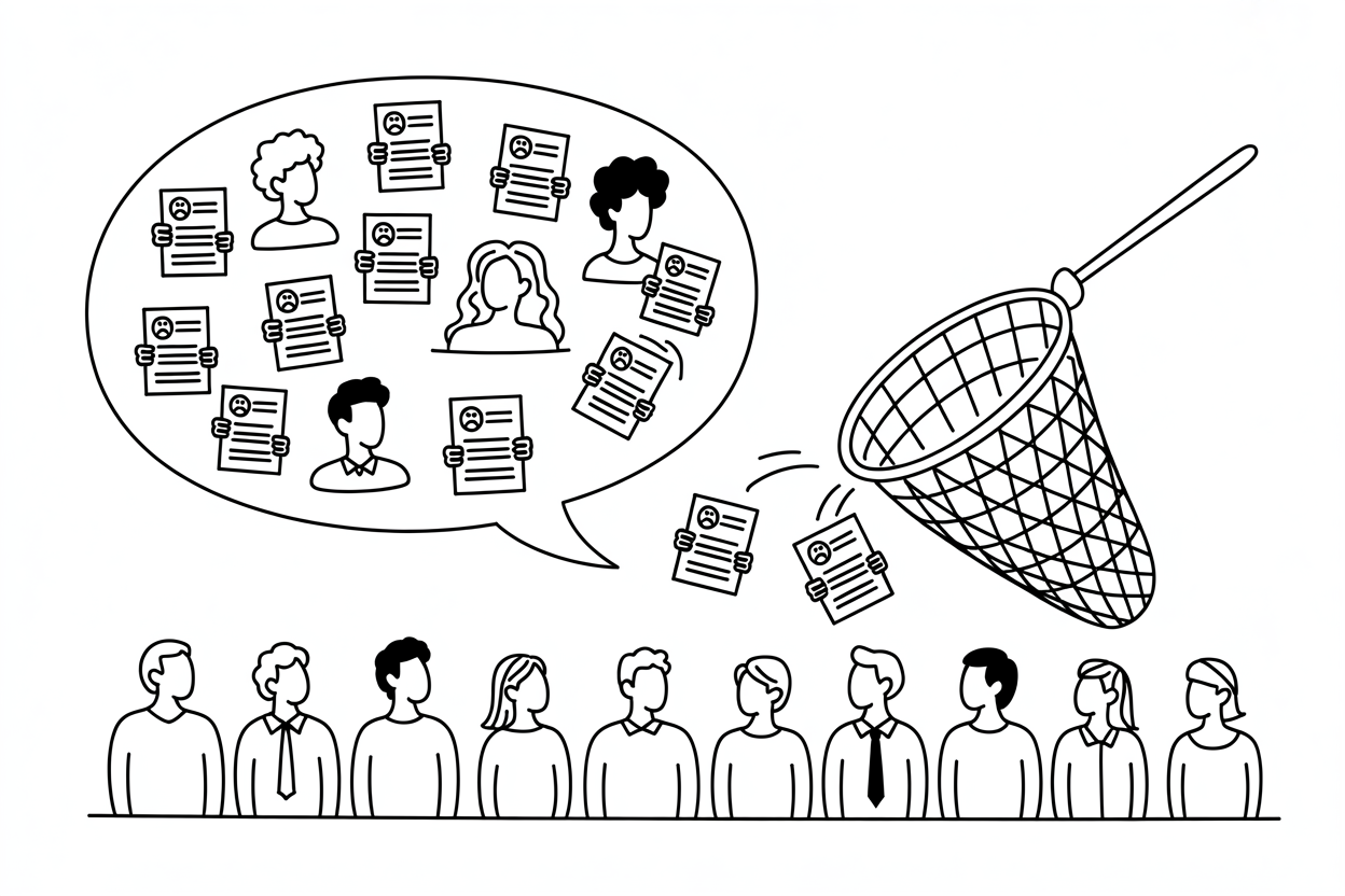 Simple black and white flat thin line-art hand-drawn scribbled squiggly illustration on white background, without gradients, isolated (any text is scribbled hand-drawn, no straight lines): A giant speech bubble filled with diverse faces, each holding a resume, while a digital net catches the best matches and gently lowers them to a welcoming HR team below.