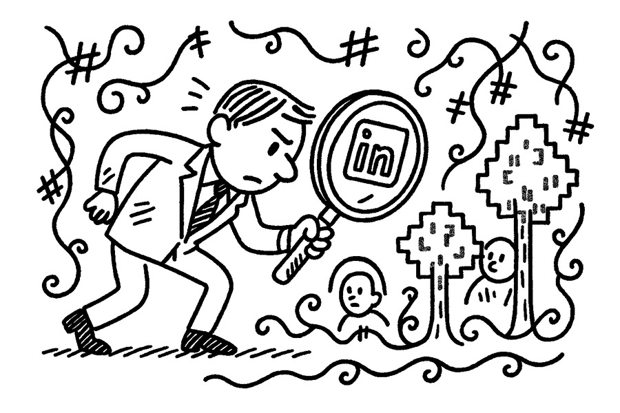 Simple black and white flat thin line-art hand-drawn scribbled squiggly illustration on white background, without gradients, isolated (any text is scribbled hand-drawn, no straight lines): A recruiter with a magnifying glass sneaking through a digital jungle of LinkedIn profiles, with vines shaped like hashtags and passive candidates hiding behind pixelated trees.