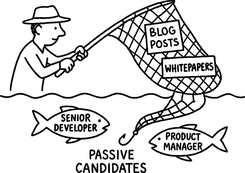Simple black and white flat thin line-art hand-drawn scribbled squiggly illustration on white background, without gradients, isolated (any text is scribbled hand-drawn, no straight lines): A recruiter casting a fishing net made of blog posts and whitepapers into a sea of passive candidates, with fish labeled 'Senior Developer' and 'Product Manager' swimming toward the bait.
