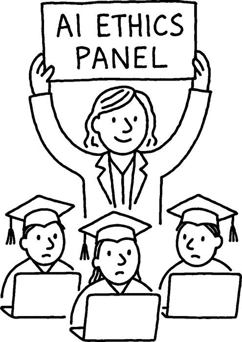 Simple black and white flat thin line-art hand-drawn scribbled squiggly illustration on white background, without gradients, isolated (any text is scribbled hand-drawn, no straight lines): A recruiter at a virtual alumni event, holding a sign that says 'AI Ethics Panel' while passive candidates with graduation caps peek curiously from behind laptops.
