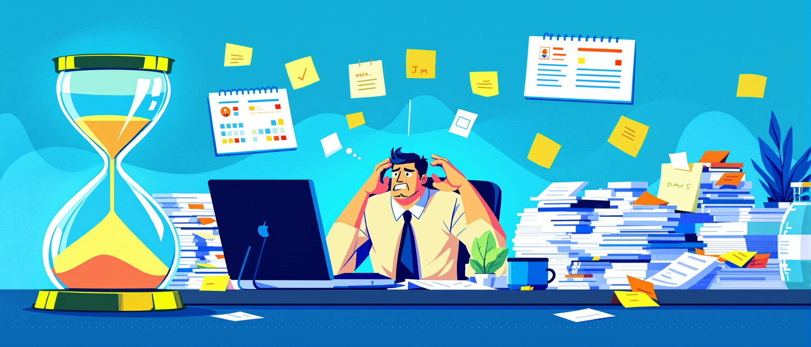 A frustrated recruiter sits at a cluttered desk overwhelmed by stacks of paper resumes and post-it notes. Multiple calendar screens float above showing conflicting schedules and missed appointments. A large hourglass in the foreground dramatically emphasizes time slipping away. The scene captures the chaos of traditional hiring processes. Style: Cyan colored illustration in a vibrant, high-contrast illustration style that emphasizes bold, saturated colors and gradient overlays. Everything is rendered in a modern pop-art aesthetic, with sharp lines, halftone textures, and exaggerated hues, creating a lively and energetic visual impact. The composition evokes a sense of optimism. The background is a bright blue with soft, complementing the dynamic tones, characters are shaded in tones of blue, green, and orange.