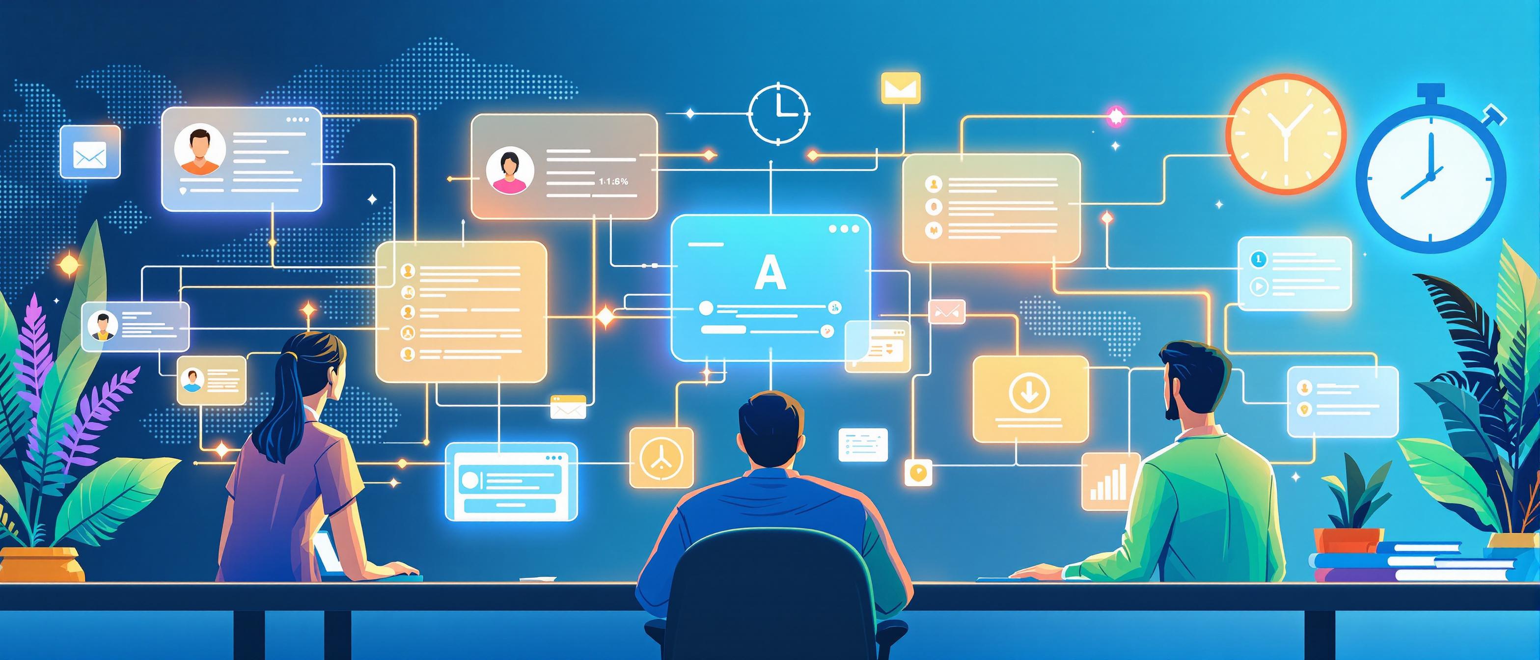 A modern workspace showing an AI system orchestrating multiple hiring activities simultaneously. Floating digital cards show automated interview scheduling, instant candidate messaging, and real-time assessment scoring. Glowing connection lines link various recruitment stages while a clock face shows accelerated time. Smart automation transforms chaos into harmony. Style: Cyan colored illustration in a vibrant, high-contrast illustration style that emphasizes bold, saturated colors and gradient overlays. Everything is rendered in a modern pop-art aesthetic, with sharp lines, halftone textures, and exaggerated hues, creating a lively and energetic visual impact. The composition evokes a sense of optimism. The background is a bright blue with soft, complementing the dynamic tones, characters are shaded in tones of blue, green, and orange.