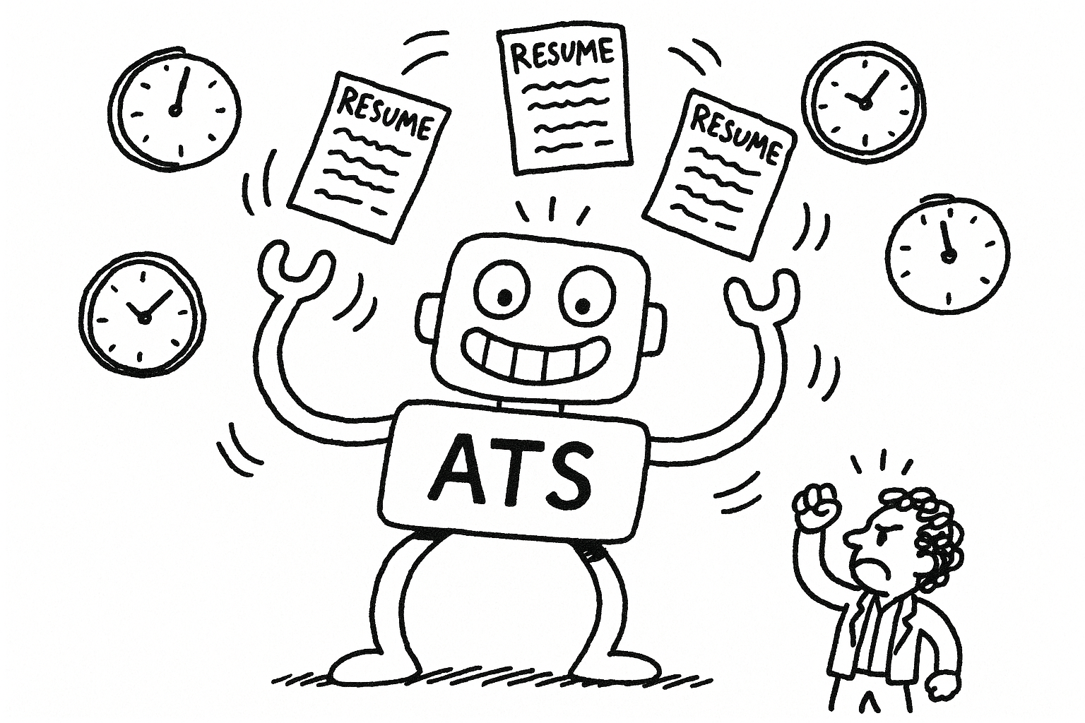 Simple black and white flat thin line-art hand-drawn scribbled squiggly illustration on white background, without gradients, isolated (any text is scribbled hand-drawn, no straight lines): A giant ATS robot with a goofy grin, juggling resumes while a tiny recruiter below shakes a fist, surrounded by squiggly clocks ticking away.